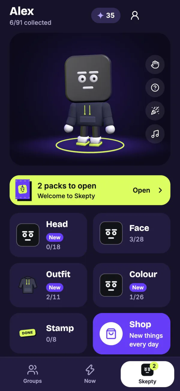 The wardrobe: your own Skepty as a 3D figure, with packs and drawers for head, face, outfit, colour and stamp.